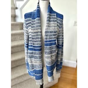 Lucky Brand Blue & White Marled Stripe Open Knit Cardigan